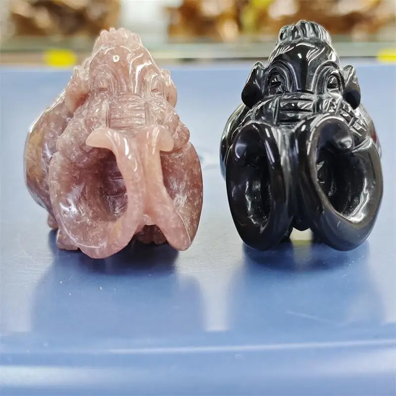 5.7CM Natural Pink Aventurine Black Obsidian Mammoth Carving Healing Fengshui Gemstones HomeDecoration Holiday Gift 1PCS