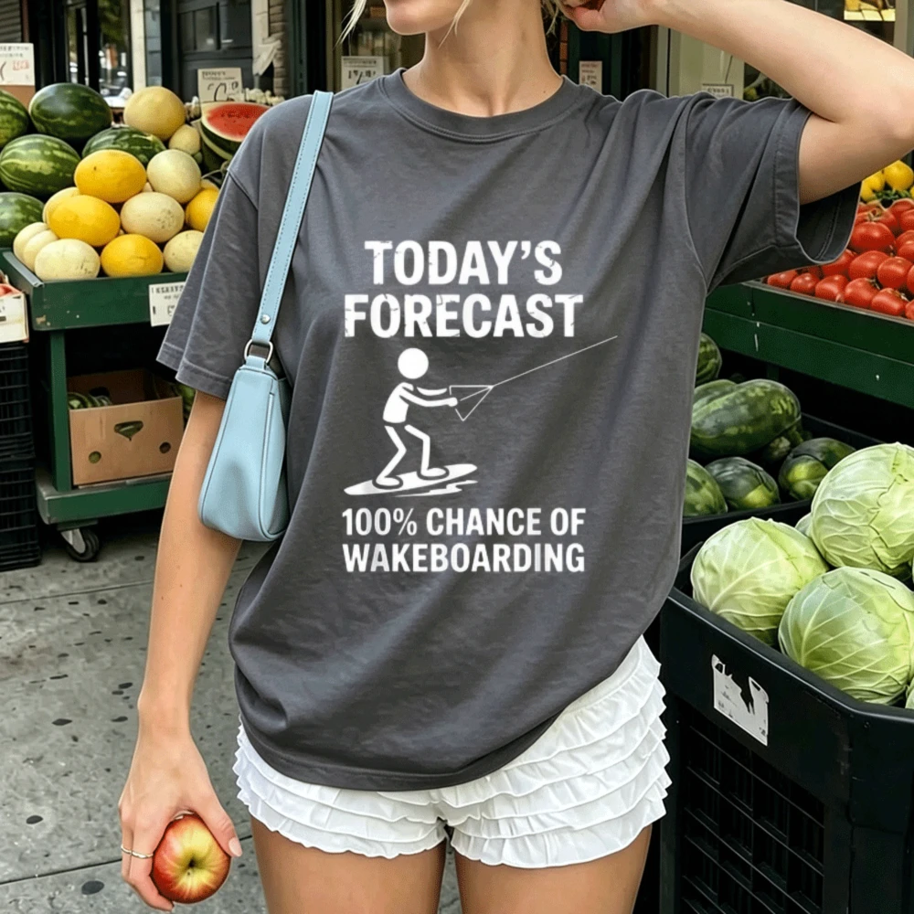 Today's Forecast 100% Chance of Wakeboarding Graphic Cotton T‑Shirt Stick Figure Wakeboard Sports Humor Print Casual Streetwear
