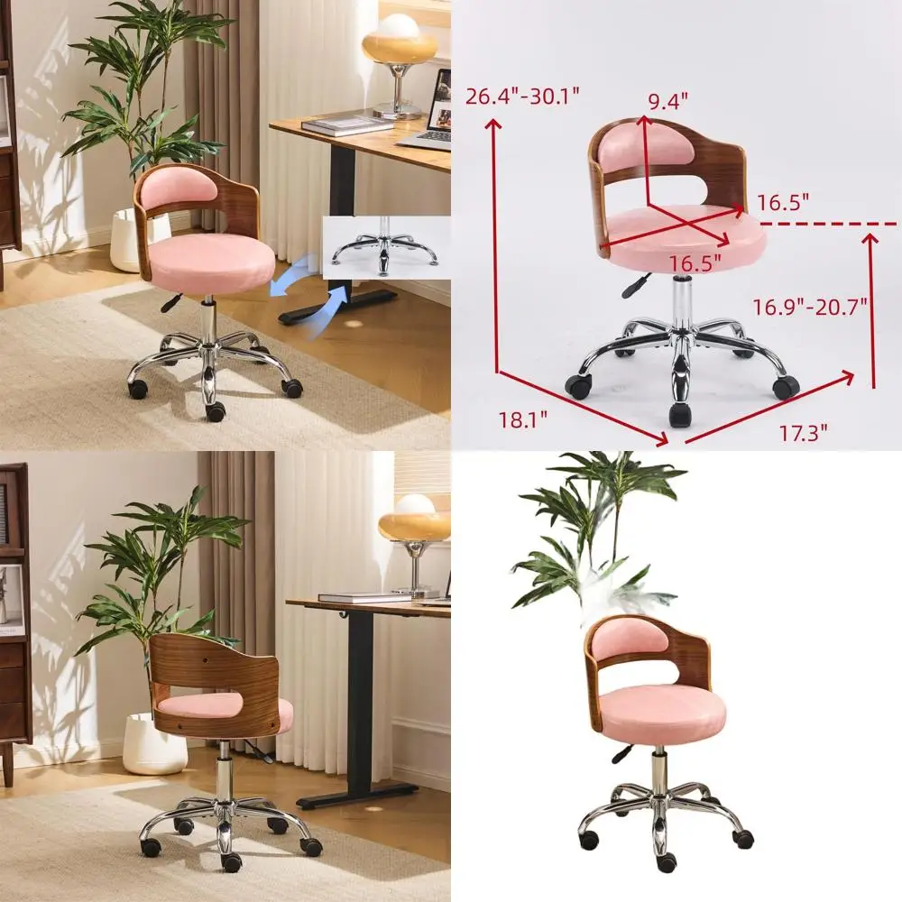 

Pink Retro Walnut Swivel Desk Chair, Armless with Adjustable Wheels, Cushioned for Home Office and Study