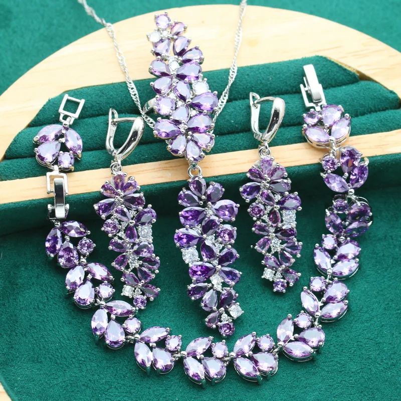 Luxurious Purple Zircon 925 Sterling Silver Jewelry set for Women Wedding Bracelet Earrings Necklace pendant Ring Holiday Gift