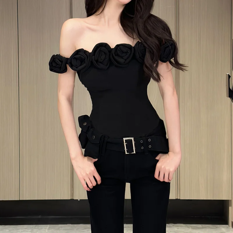 

Sexy Korean slash neck Ladies tops Slim Solid T-Shirts Nightclub girl Pullovers Summer fashionable Red Black Women's Clothing