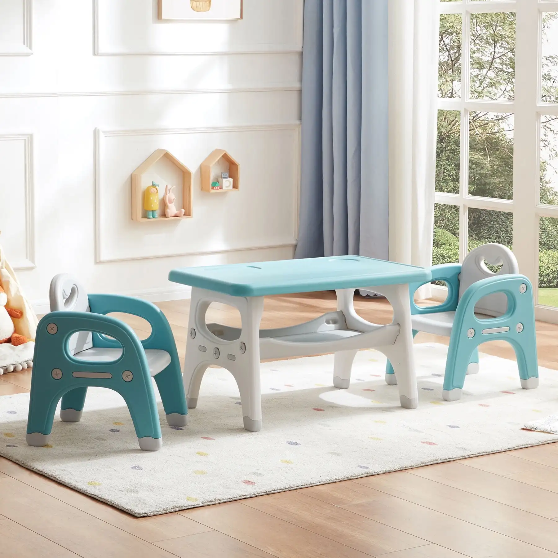 

Kids Table and Chair Set, Plastic Children Activity Table with 2 Chairs, Toddler Table and Chair Set for Reading, Drawing,