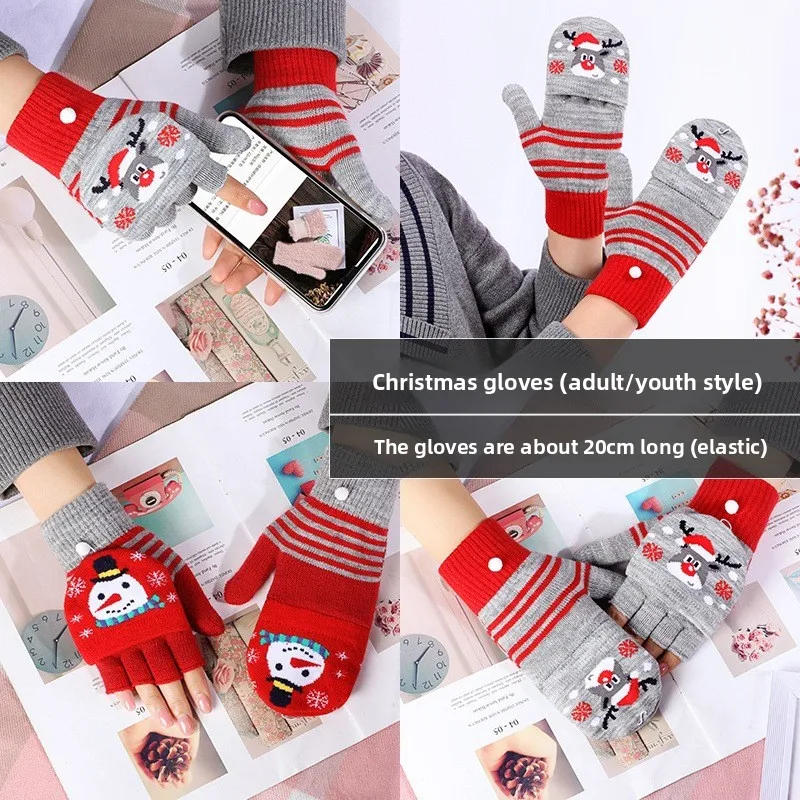 Christmas Winter Half Finger Flip Knitted Wool Gloves for Women Girls Cute Cartoon Warm Cold Proof Thermal Bare Finger Student