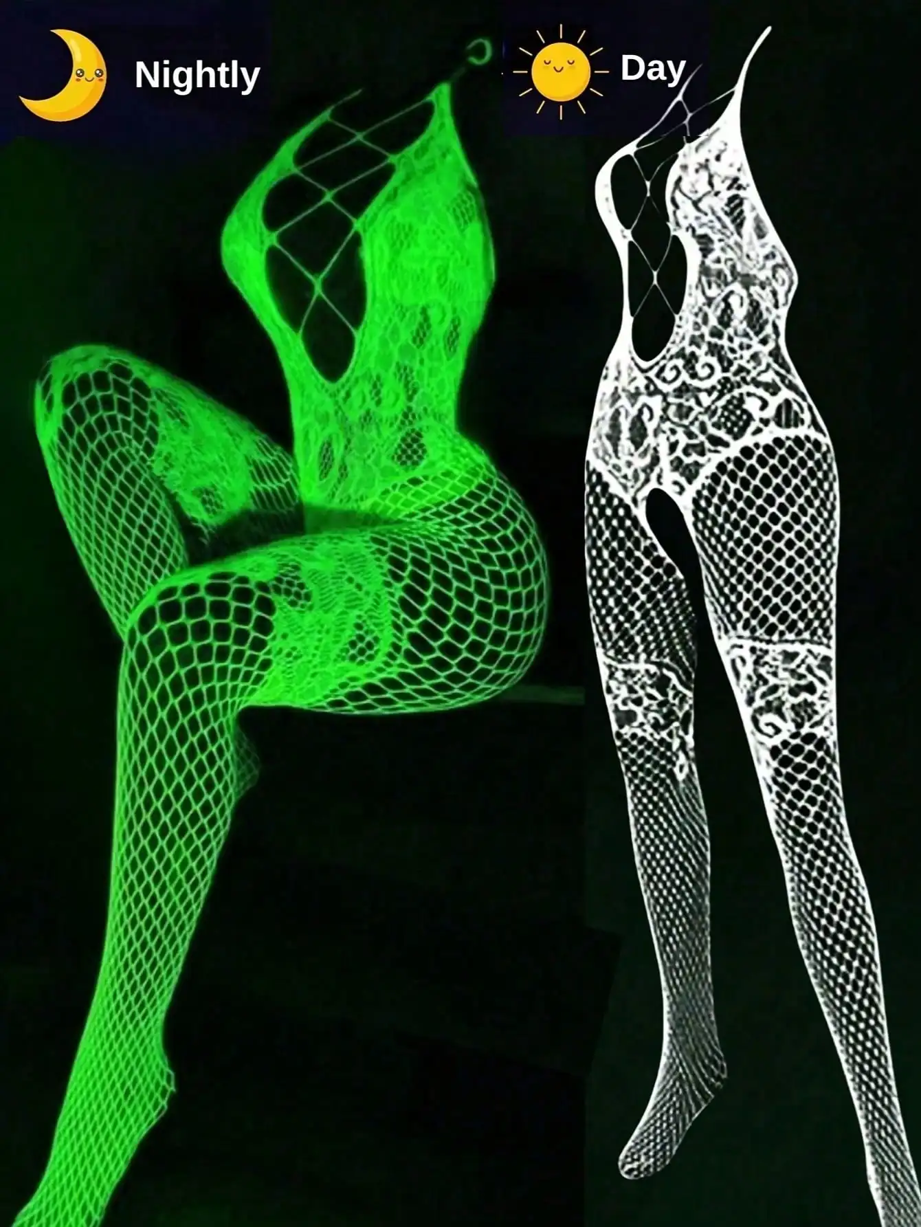 

Glow in the Dark Fishnet Jumpsuit for Women, Spaghetti Strap Luminous Bodysuit for Party Nightclub Rave Outfit