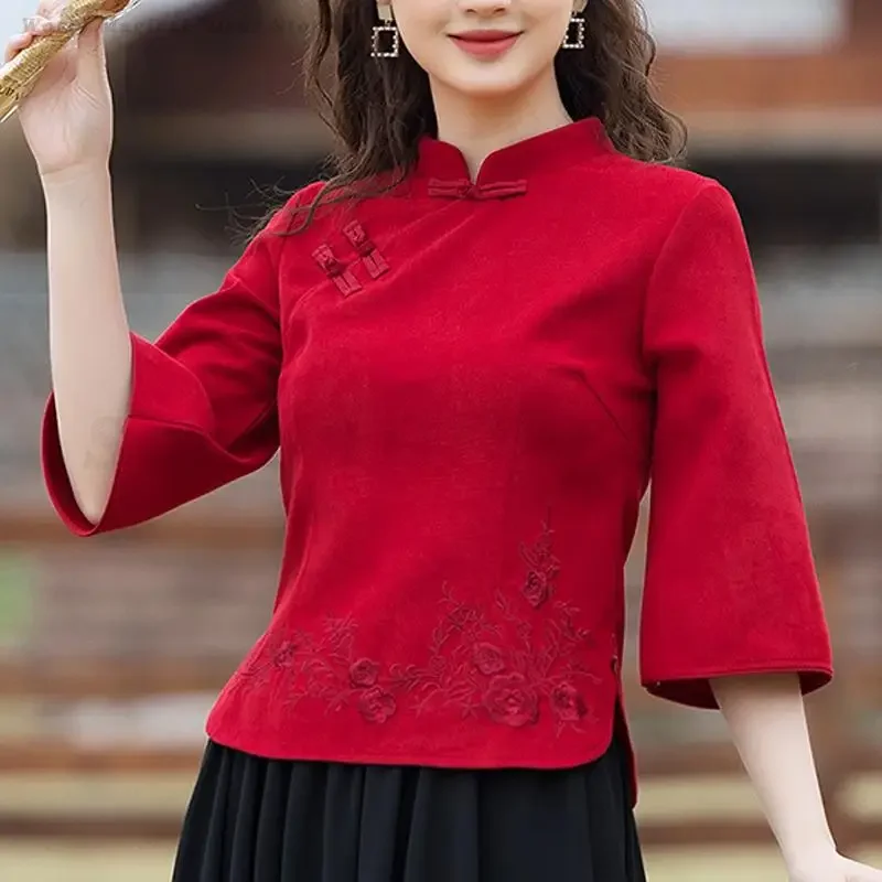 Lady Elegant Hanfu Shirt Spring Autumn Qipao Tops for Women Clothing Tradition Chinese Style Cheongsam Blouse Red Tang Top 5XL