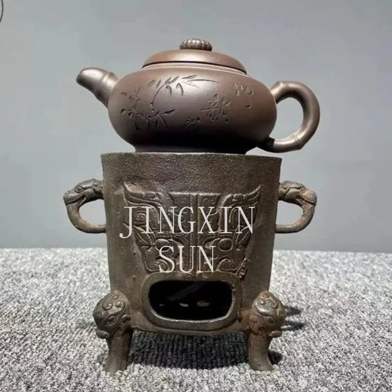 Retro cast iron charcoal barbecue grill one-person table BBQ heating brazier tea-making wine-warming stove antique collection no