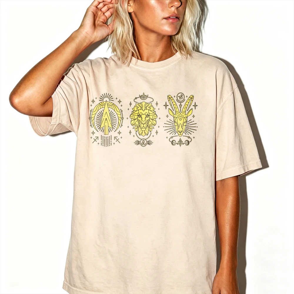 Golden Leo Aries Capricorn Zodiac Signs Ornate Graphic T Shirt Women Gothic Astrology Three Horoscope Symbols Crew Neck Tee Tops