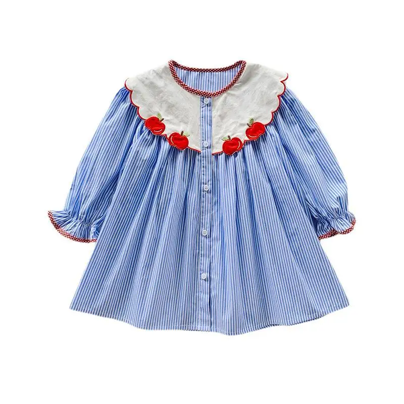 Robe chemise à manches longues pour filles, avec broderie de pommes, Design rayé, vêtements élégants pour enfants, printemps-automne