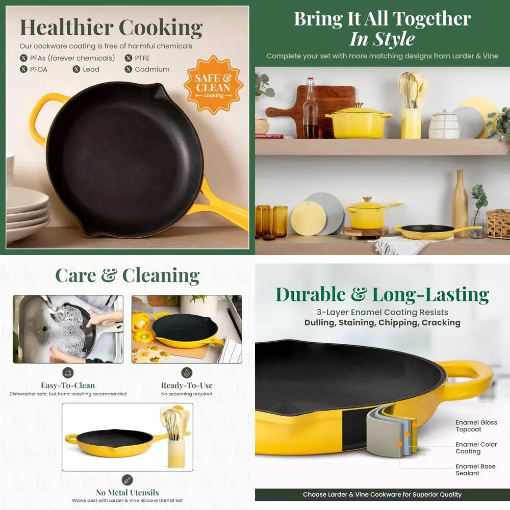 

10.25 Inch Enamel-Coated Cast Iron Skillet with Pour Spouts, Oven-Safe up to 500°F, Suitable for All Cooktops