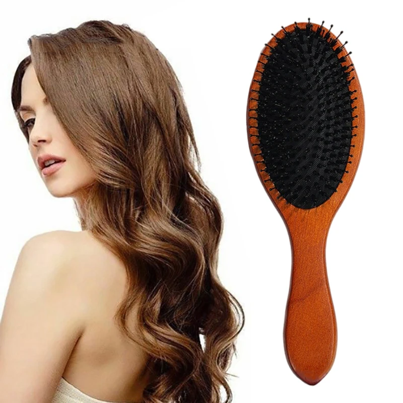 Wooden Handle Boar Bristle Hair Brush Anti-static Scalp Massage Comb Portable Oval Mini Air Bag Comb Hair Styling Tools