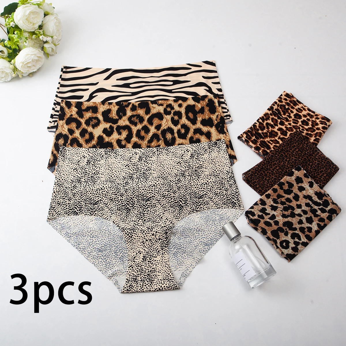 3 pçs calcinha de seda gelo sem costura feminina meados de cintura plus size leopardo impressão roupa interior meninas moda breve senhora conforto calcinha