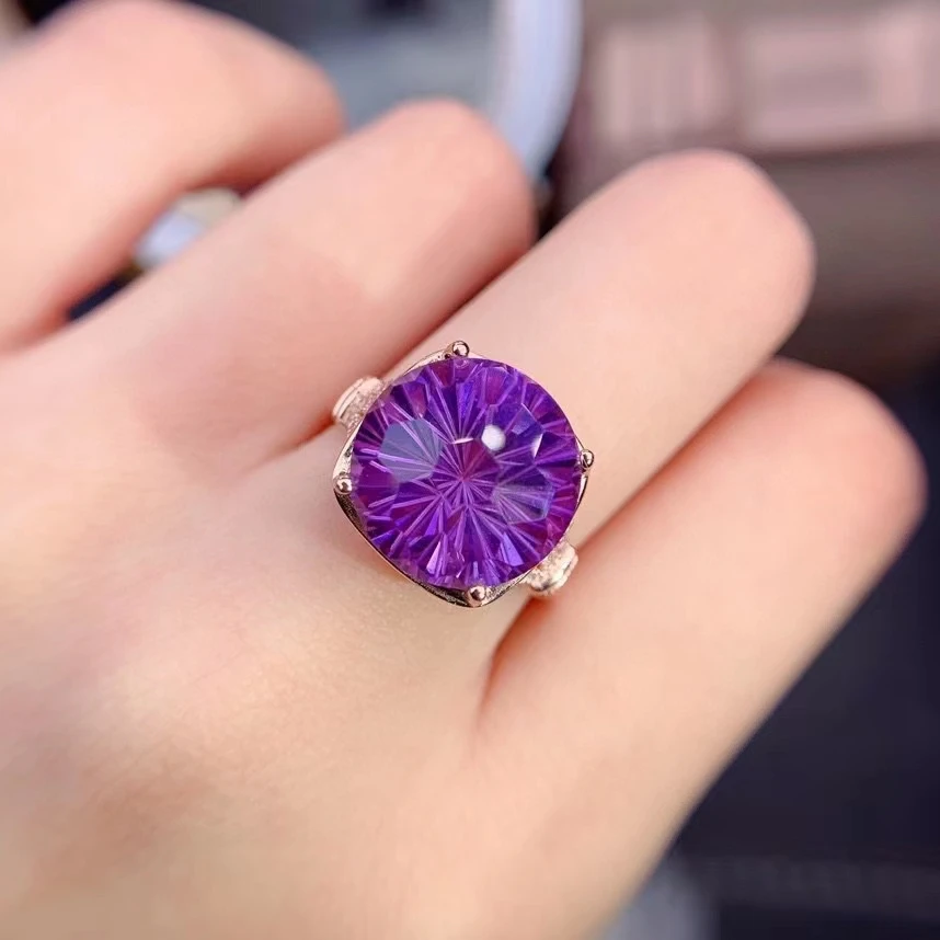 Vintage Luxury Natural Amethyst Ring 925 Sterling Silver Inlaid Women's Purple Large Gemstone Ring Wedding Engagement Party Gift