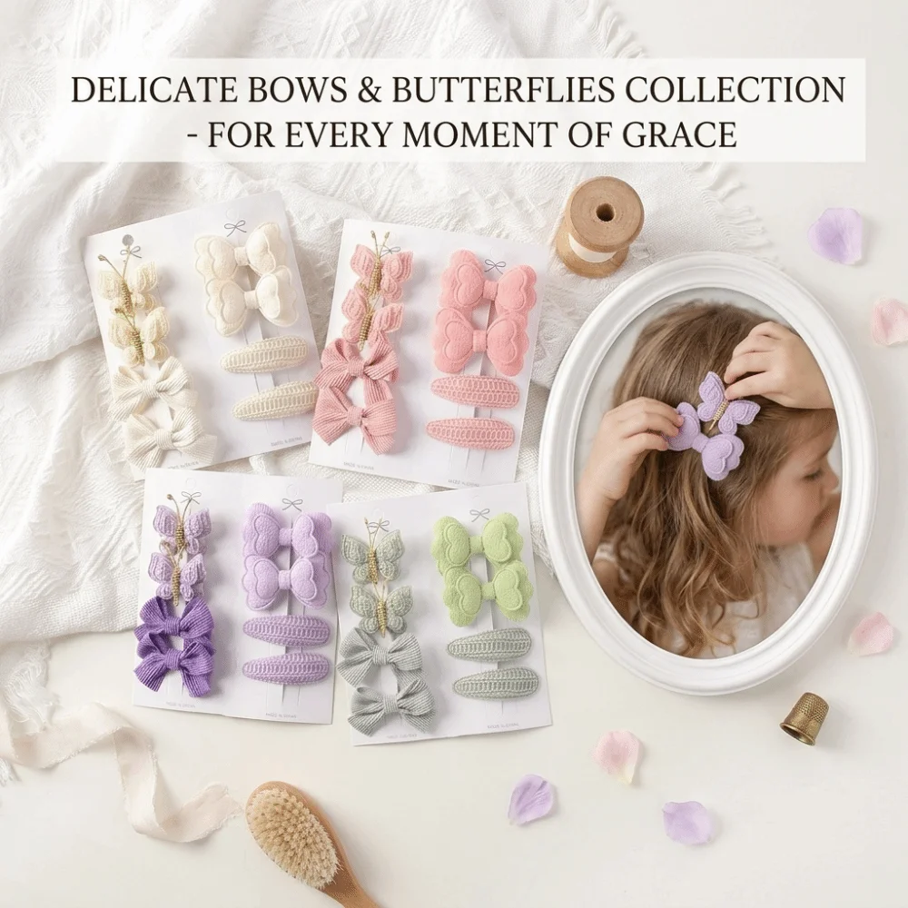 1 Set Yarn Bow Hair Clips Snap Closure Glitter Accent Hair Clips Set Butterfly Design Cute Style Yarn Bow Butterfly Snap