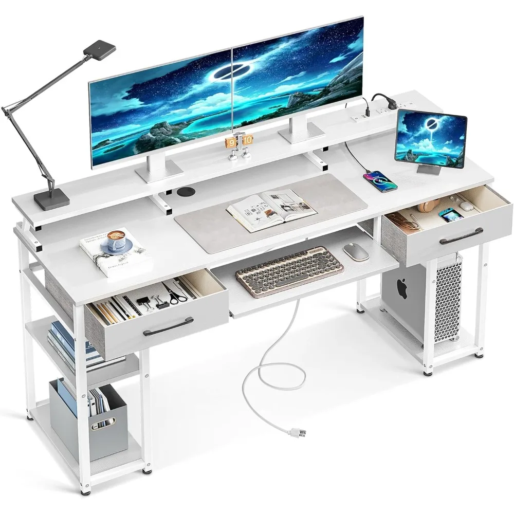 

ODK Computer Desk with Drawers, 63 Inch Office Desk with Power Outlet and Keyboard Tray & Storage Shelves & PC Stand