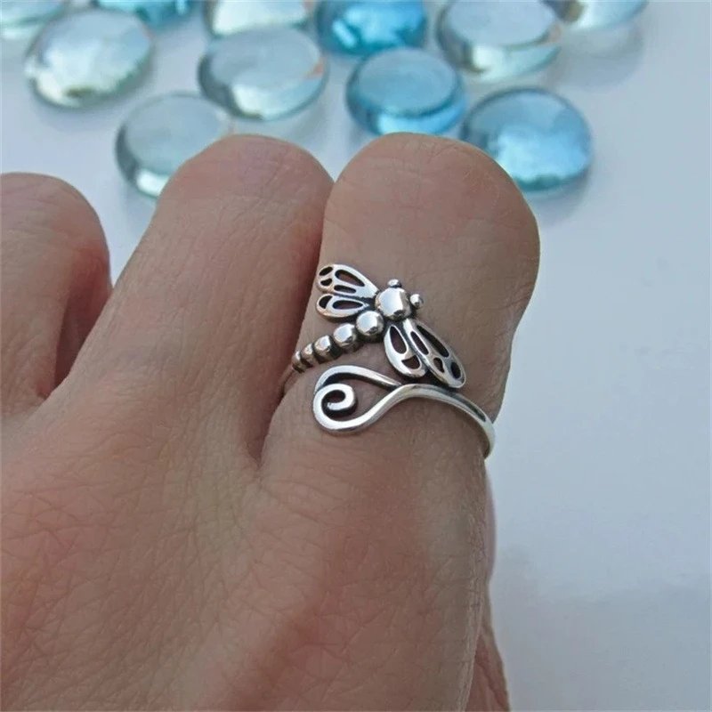 New Niche Vintage Silver Color Dragonfly Opening Ring Ladies Personalized Trend Holiday Party Jewelry Accessory Gift