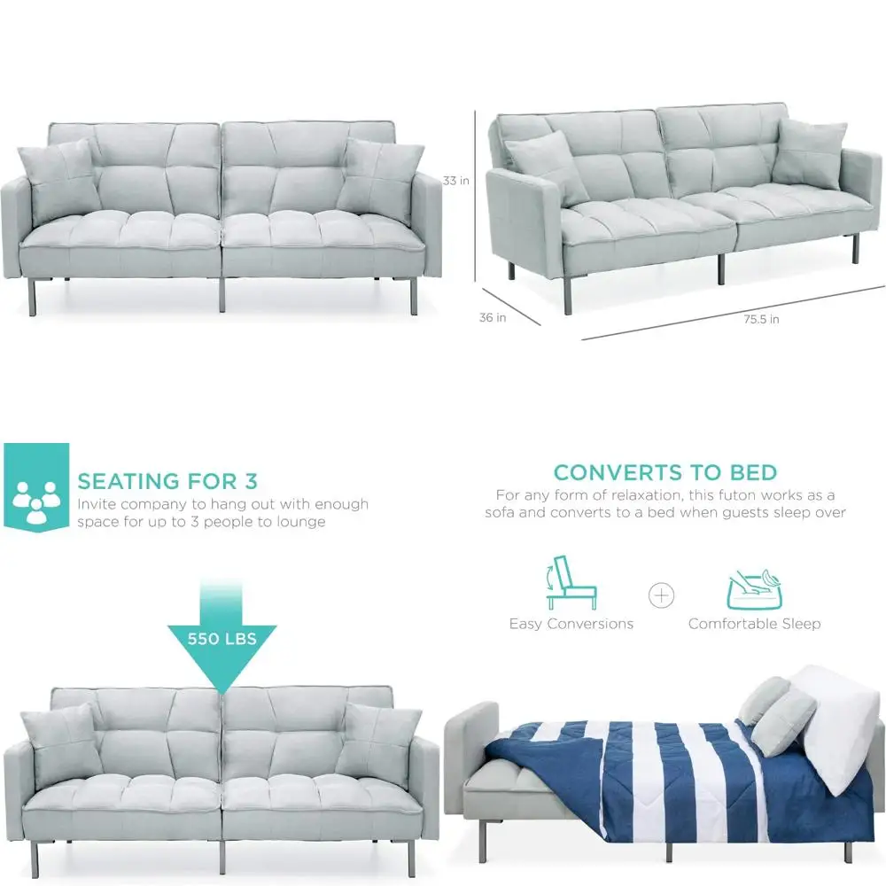 Linen Fabric Convertible Tufted Split-Back Plush Futon Sofa for Living Rooms, Apartments, Bonus Spaces, and Overnight Guests