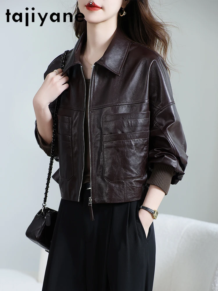 TAJIYANE 100% chaqueta de piel de oveja de grano superior, chaquetas cortas de cuero genuino para mujer, abrigos Retro para mujer, ropa de otoño 2025, ropa para mujer 상한