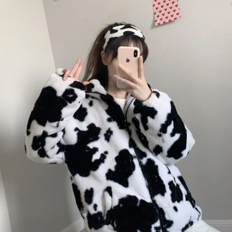 Cow Printed Women Hoodies Autumn Winter Warm Female Hooded Sweatshirts Zipper Long Sleeve Ladies Girls Hoodies Oversized Tops