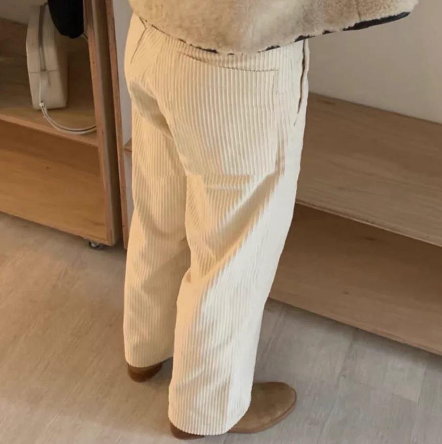 Thiened pantalones casuales sueltos de pierna recta de pana Retro para mujer otoño 2025 l cintura todo fósforo Sle pantalones de mujer