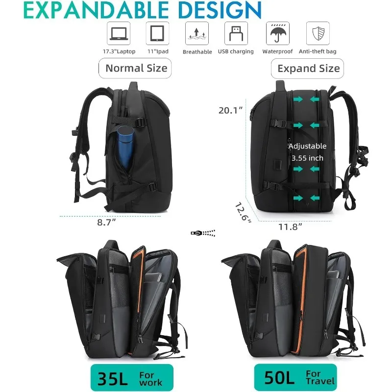 Mochila de viaje expandible para hombre, Maleta Convertible resistente al agua para ordenador portátil de 17 pulgadas, 50L