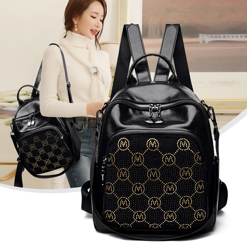 حقيبة ظهر نسائية سوداء جديدة ذات علامة تجارية مصممة بجودة عالية من جلد البولي يوريثان الناعم حقيبة ظهر عصرية ذات سعة كبيرة حقيبة كتف وقت الفراغ