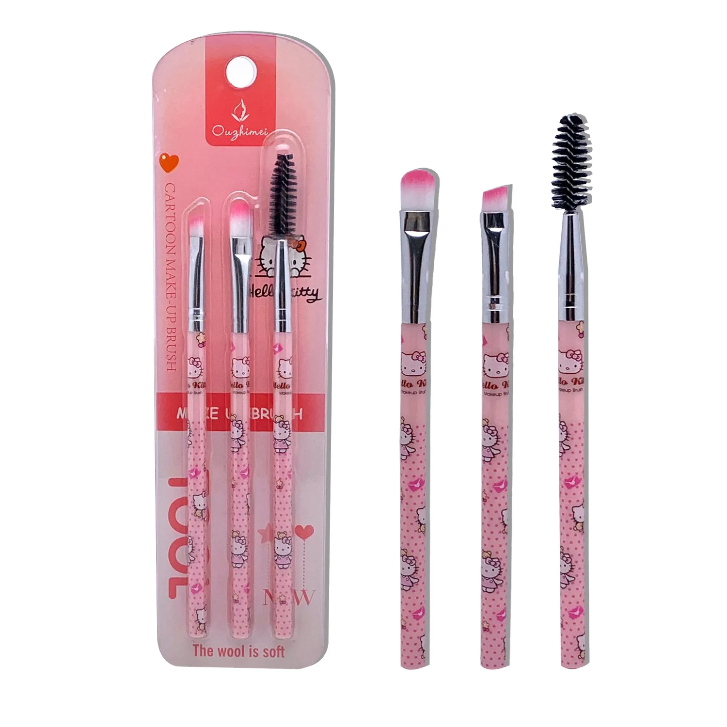 3Pcs Hello Kitty Makeup Brush Set Beginner Eye Shadow Brush Oblique Eyebrow Brush Spiral Eyelash Curler Brush Lady Accessories