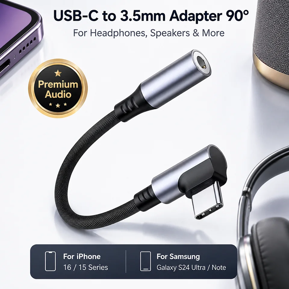 Universal 90 Degree USB Type C to 3.5mm Headphone Jack Adapter, Aux for iPhone 15 16 17 Pro Max Series Samsung S24 S23 Ultra