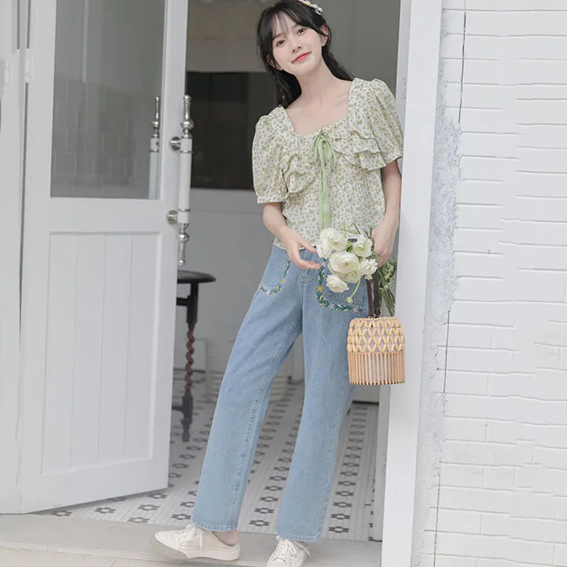 Blouses Women Floral Lovely Stylish Bandage Daily Casual Square Collar Ulzzang Colleges Temperament Simple  Summer Clothes