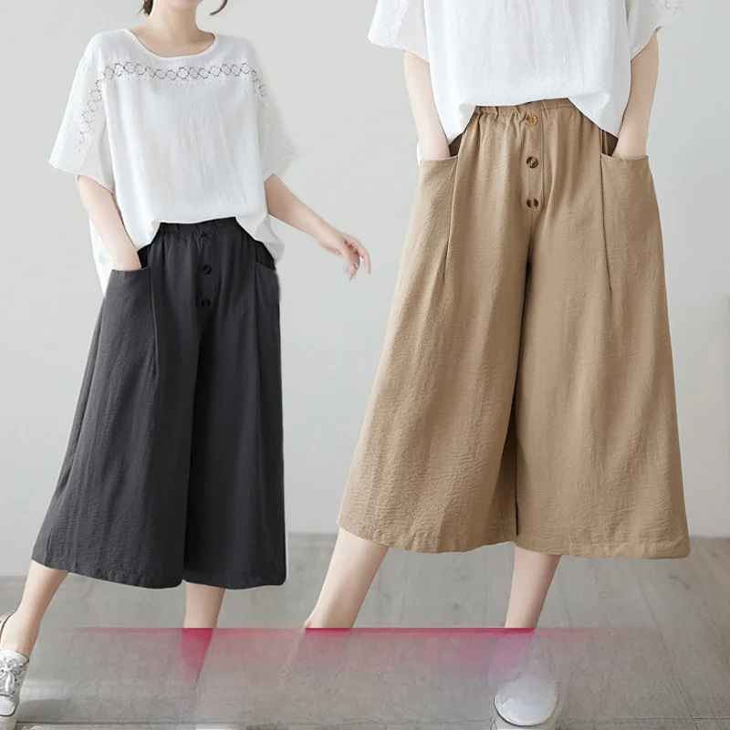 

Casual Versatile Slimming Wide Leg Pants High Waist Seven Inch Thin Cotton Polyester Blend Color Large Size Women's Fas...
