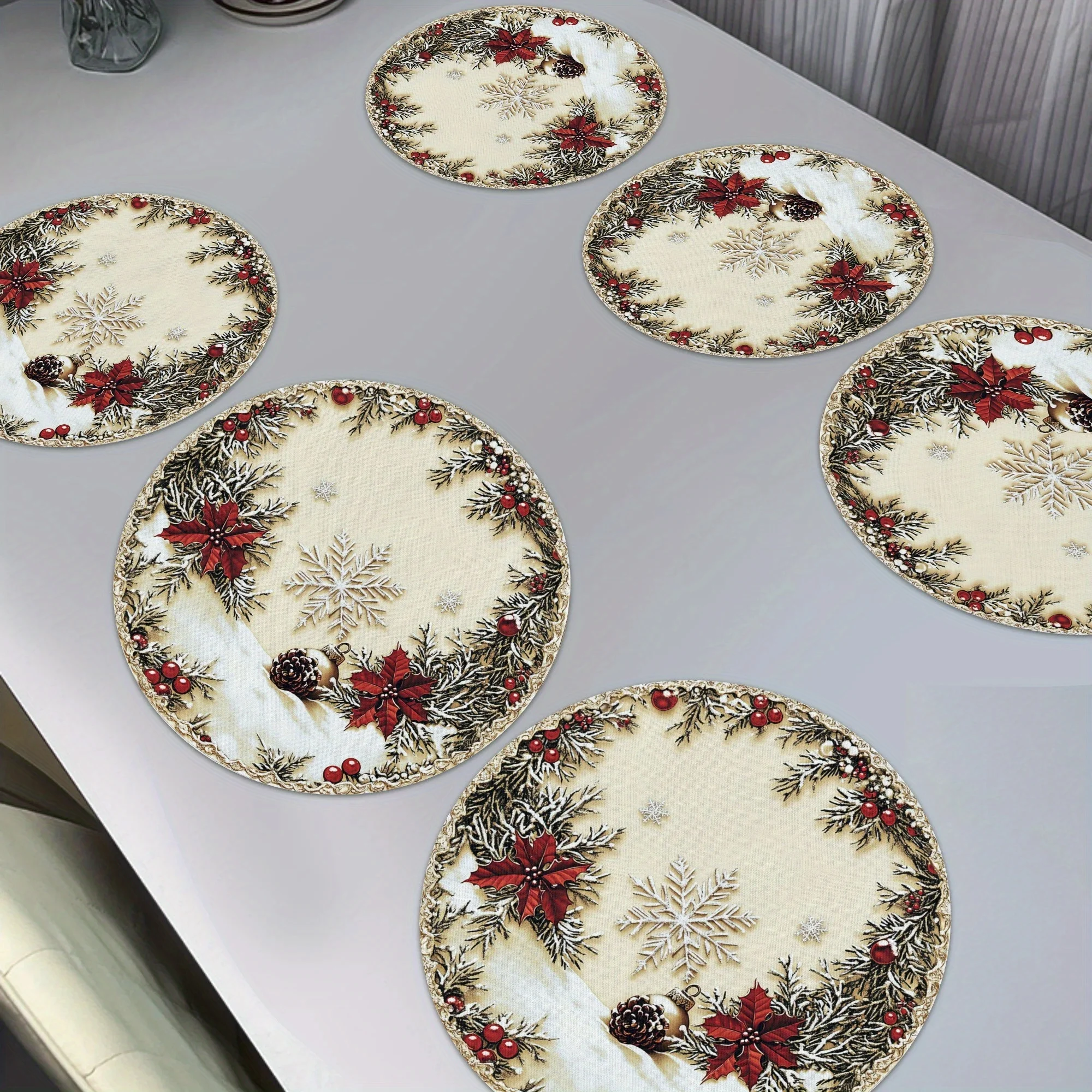 VIKAMA Poinsettia Snowflake Round Placemats Vintage Christmas Round Table Mats Set of 6 Cream Holly Pinecone Dining Table Decor