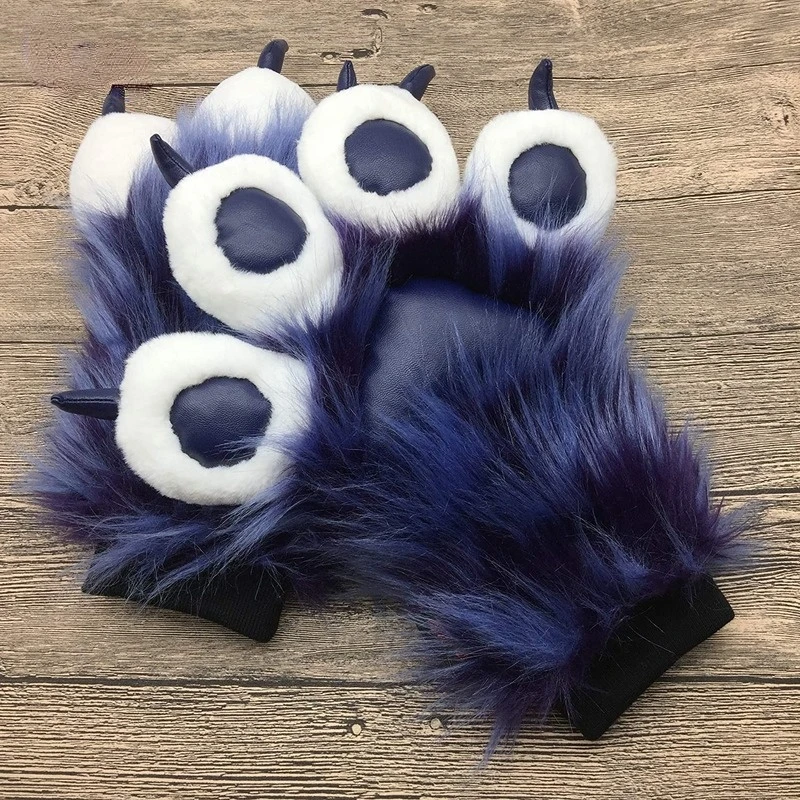 Fursuit Paws Black Blue Furry Partial Cosplay Fluffy Claw Gloves Costume Lion Bear Props for Kids Adults Halloween Costumes