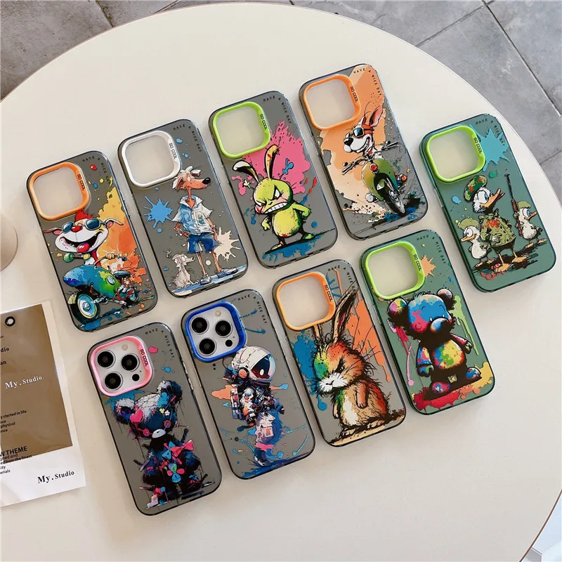 Cute Cartoon Graffiti splash-ink Bear Duck motorcycle phone case for iphone 15Pro 14 Pro Max 12 13 11  Oil Painting Funny cover