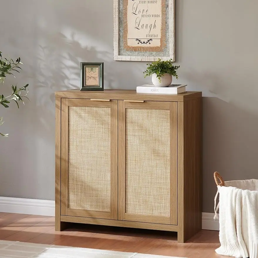 Hampstead Storage Cabinet Sideboard with Rattan Doors, Buffet Kitchen Cabinet with Adjustable Shelves Accent Cabinet