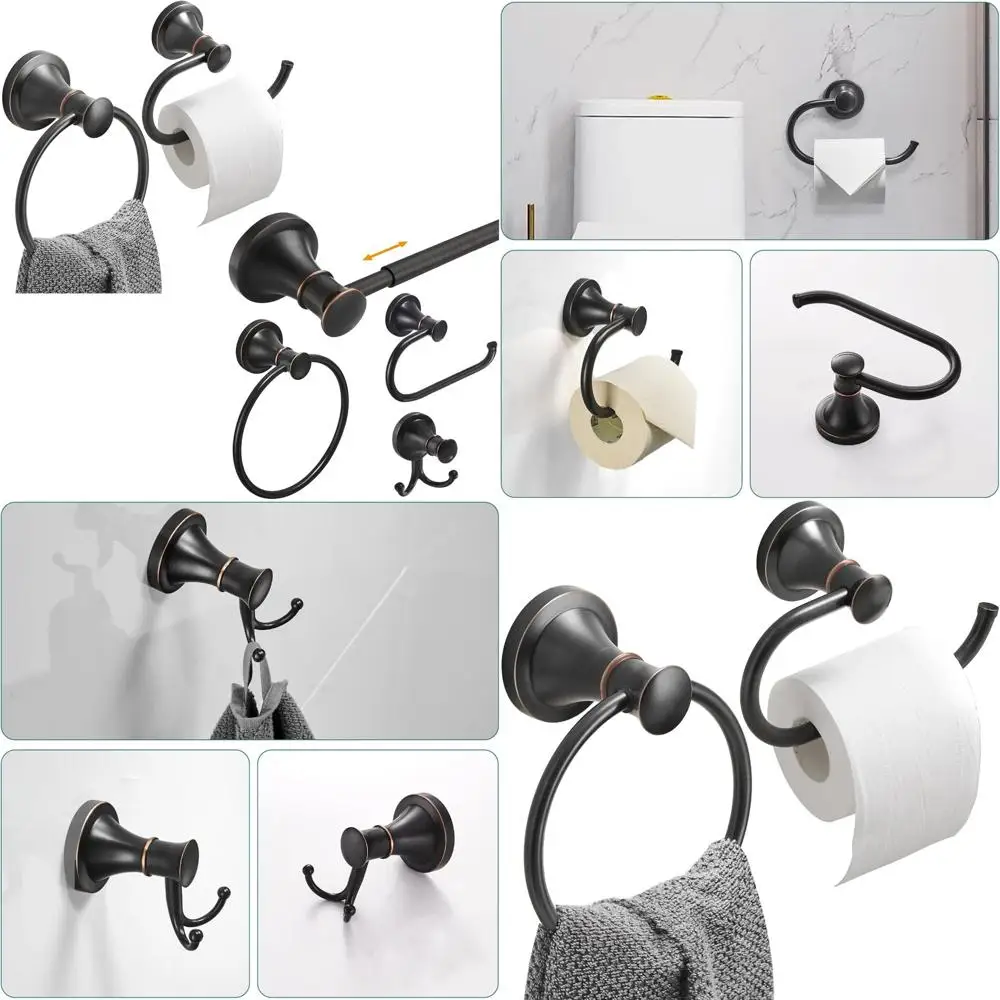 

Wall Mount Oil Rubbed Bronze Towel Ring and Toilet Paper Holder Set, 4-Piece Bath Hardware Fixture Set for Bathroom