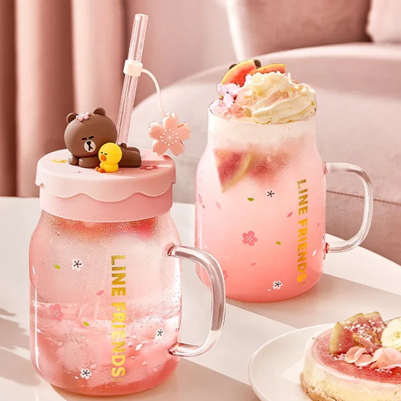 Anime 800Ml Pink Brown Bear Glass Cup Kawaii Portable Handle Water Mug with Lids Straws Fashion Sweet Juice Milk Coffee Bottle