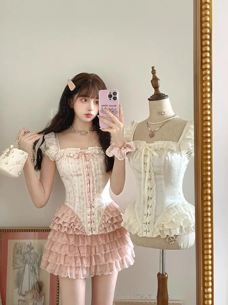 2024 Summer New Heavy Industry French Style Classical Corset Lace-up Shirt Women\'s Clothes Slim Fit Square Collar Blouse Mujer