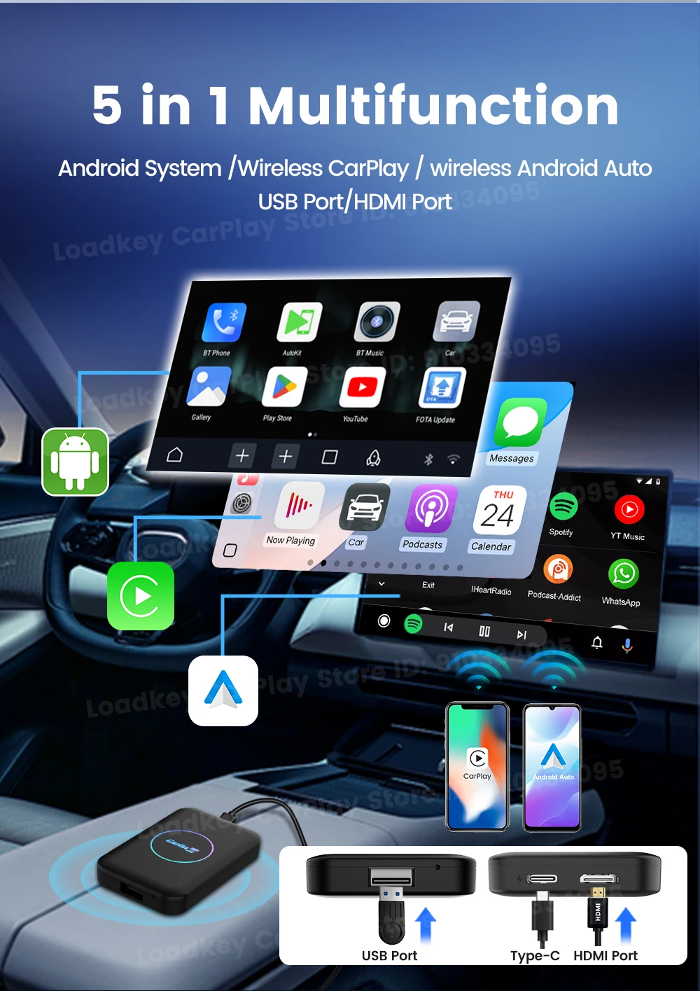 CarlinKit Android AI Box Wireless Adapter Lite S Kabelloser Dongle CarPlay Android Auto für IPTV YouTube Netflix Spotify HD-Ausgang – Detail 6