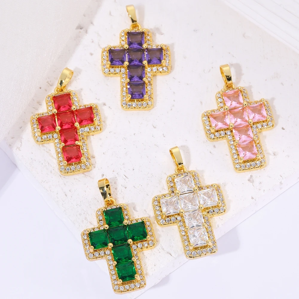 Juya 18K Real Gold Plated Religious Rosary Jewelry Components Handmade Cubic Zirconia Catholic Christian Crosses Charms Supplies
