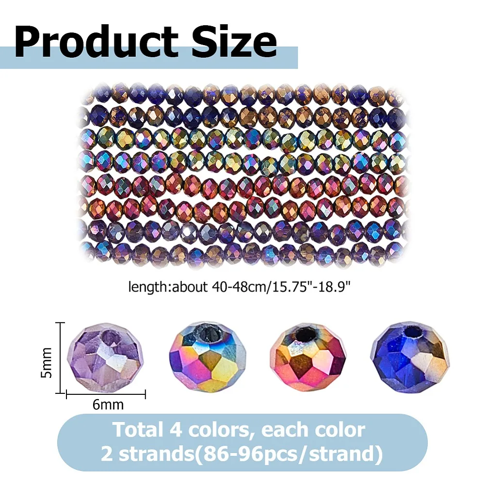 

8 Strands 4 Colors Electroplate Glass Beads Strands Rondelle Faceted Mixed Color 6x5mm Hole: 1.2mm 86~96pcs/strand