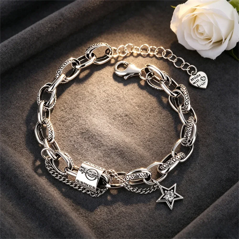 S925 Sterling Silver Hip Hop Chain Bracelet, Vintage Cylinder Bead Star Pendant, Trendy Street Style Jewelry for Women and Men