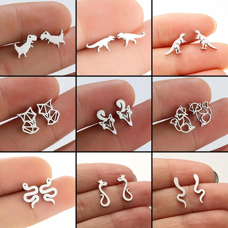 Neo-Gothic Stainless Steel Fox Snake Earrings for Women Cartoon Dinosaur Ear Jewelry Girls Halloween Animal Earring Accessories