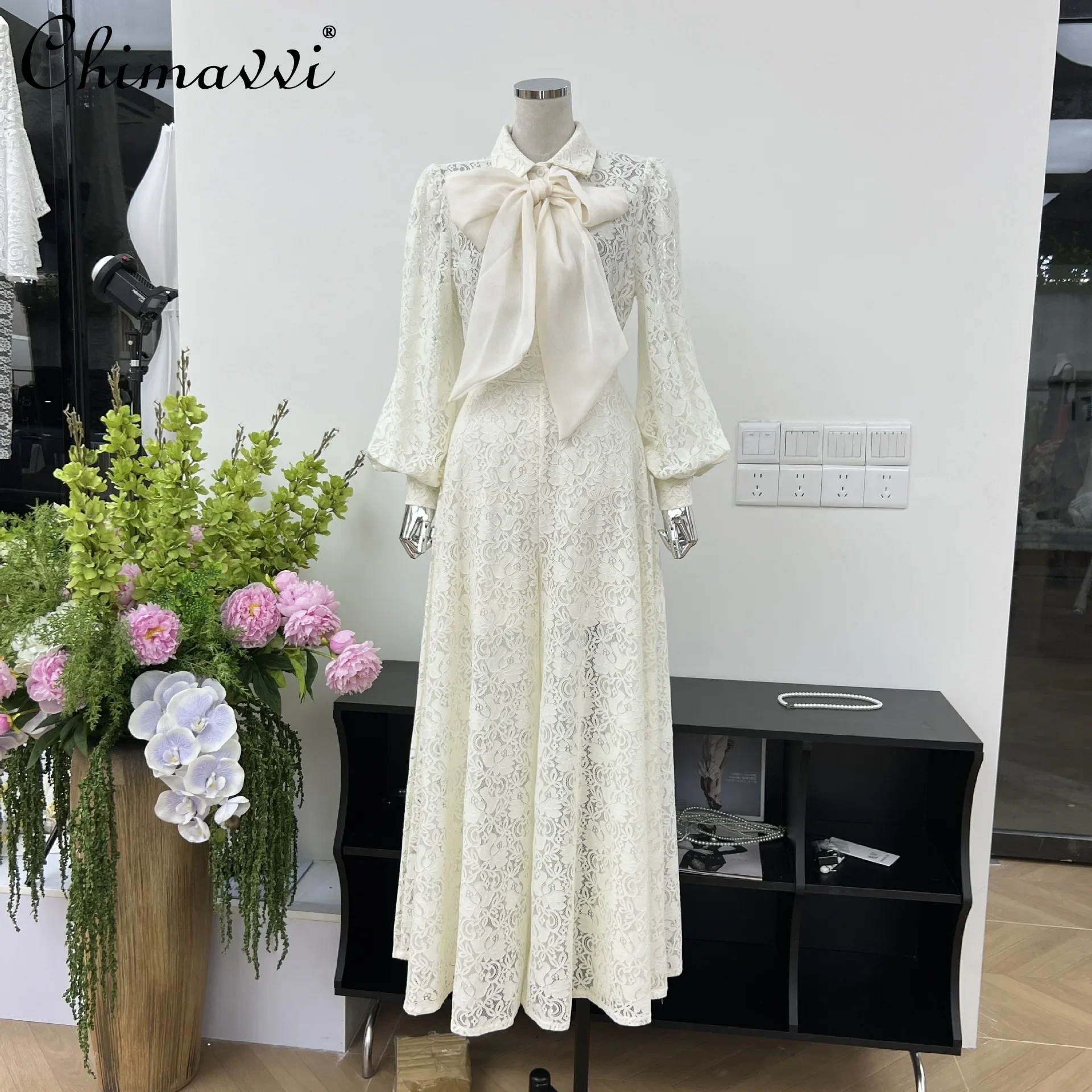 

French Elegant Commuter Polo Neck Lace-up Bow Lantern Sleeve Lace Blouse Shirts High Waist Wide Leg Pants Two-piece Set Women