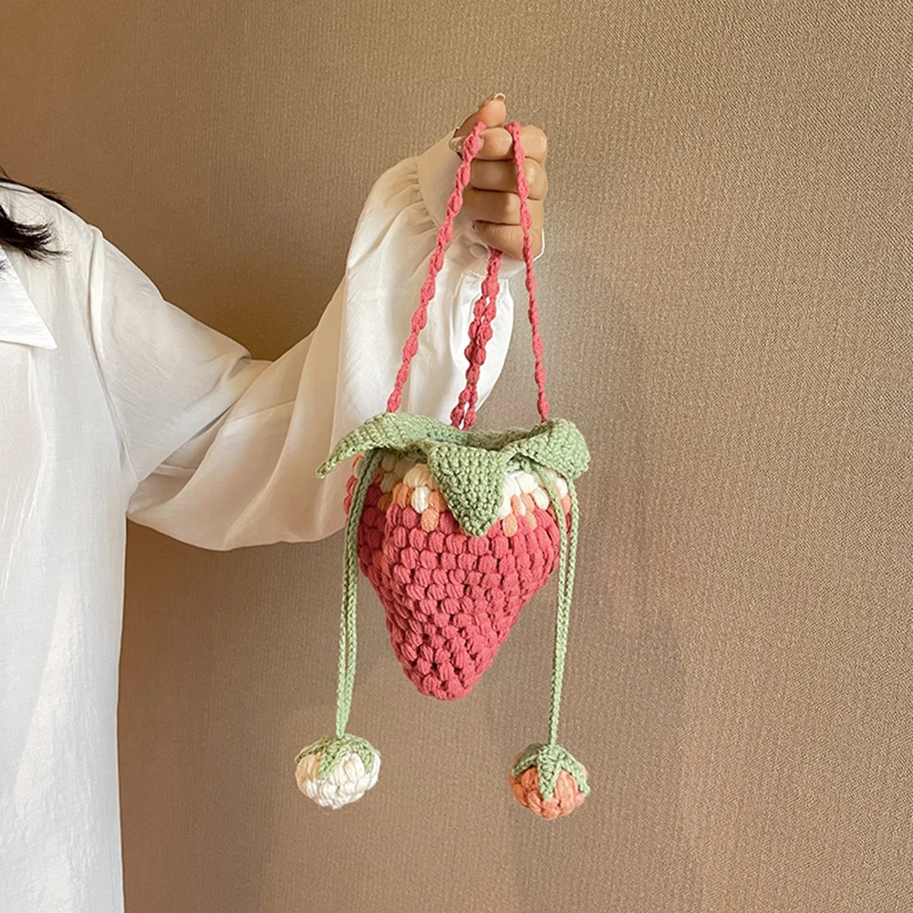 

Women Strawberry Crossbody Bag Versatile Adorable Shoulder Bag Casual Strawberry Handbag DIY Cartoon Crochet Bucket Purse