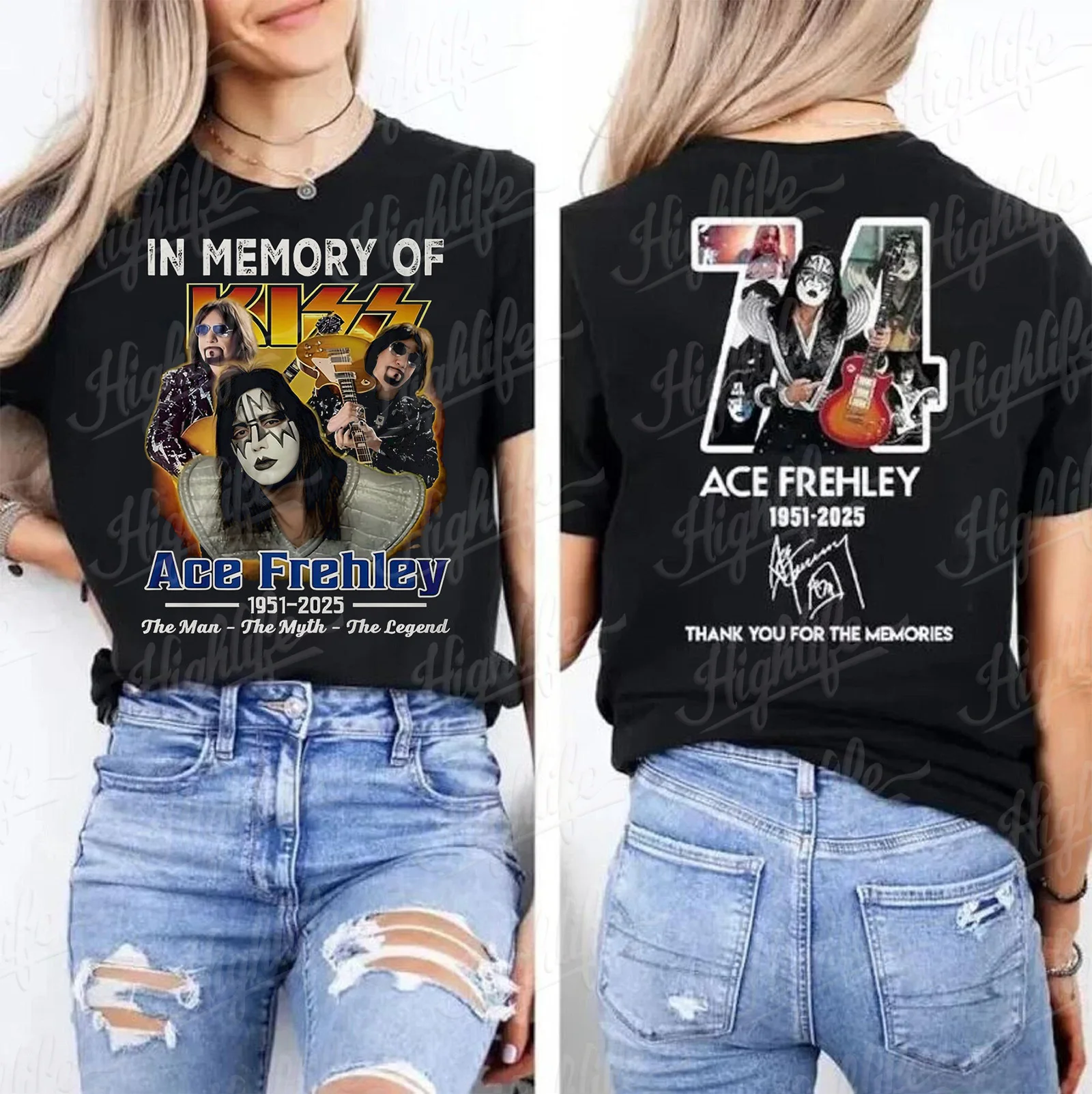 الرجال النساء جديد وصول Ace Frehley RIP 1951 2025 تي شيرت قبلة الفرقة رائد الفضاء المحملة تحية 2 الوجهين قميص شكرا لك على الذكريات