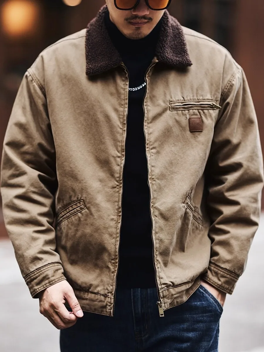 

Мужская зимняя куртка оверсайз в американском ретро-стиле из овечьего вельвета, свободного кроя, теплая, повседневная, в стиле Детройт, на молнии