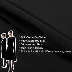 CISULI Ciężki jedwabny materiał na suknię ślubną, 100% czysty jedwab, naturalna czerń, CREPE DE CHINE, 140 cm szerokości, 30 momme, # 03