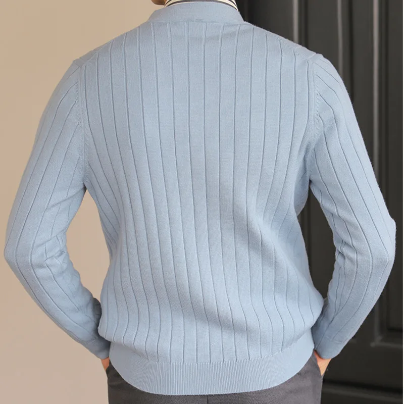 Luxury British Versatile Striped Pullover Sweater Fashion Knitted Sweater For Men 2024 Fall Slim V-Neck Long Sleeve Sweater