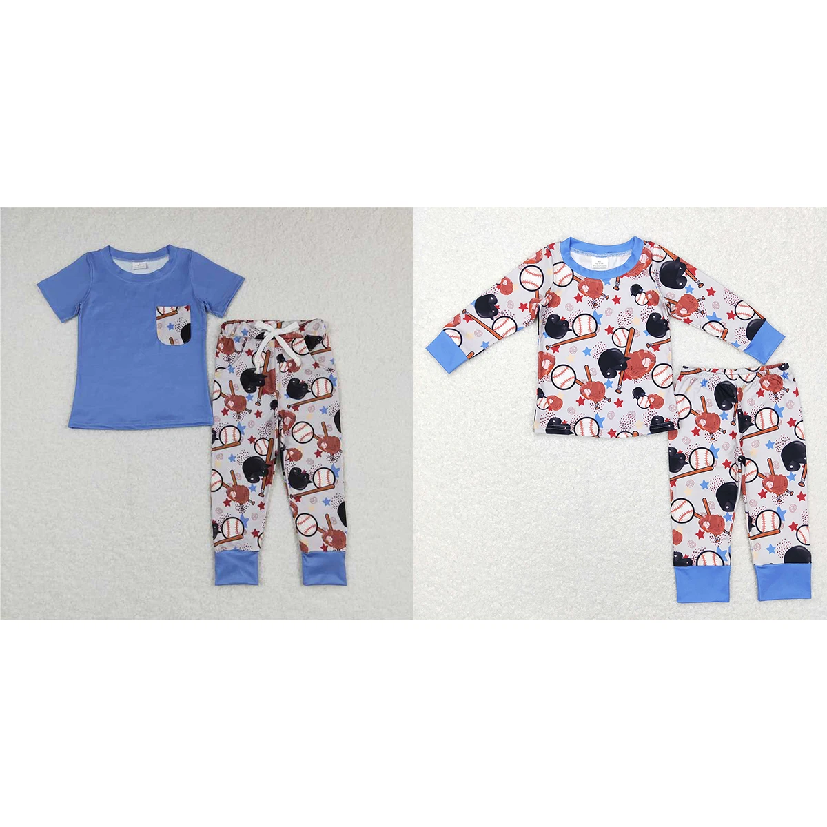 Wholesale Hot Sale Kids Western Boutique Outfits Baby Boys Clothes Baseball Star Gloves Navy Blue Border Long Sleeve Pants Suit