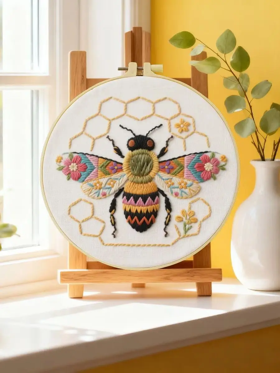 1 Stück 20x20 cm/15x15 cm 7,87/6,3 Zoll Bienen-Stickerei-Starter-Kit DIY-Kit DIY-Stickerei-Set Handarbeiten Heimdekorations-Set für Anfänger – Detail 6