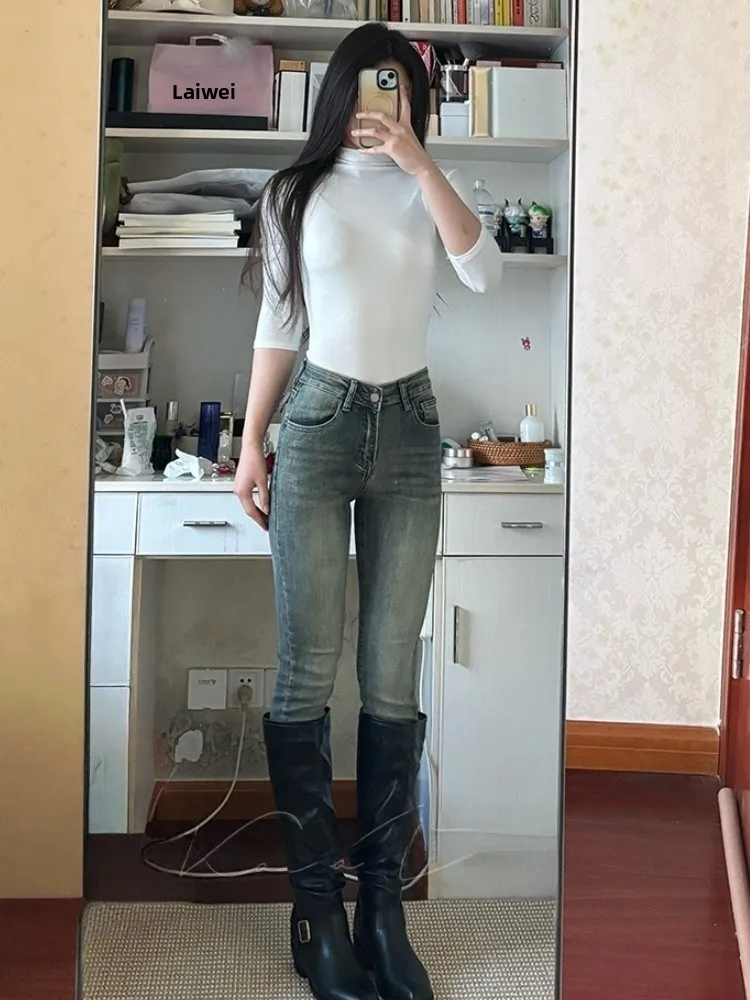 

Ретро-джинсы-карандаш с высокой талией в американском стиле, утепленные флисом, для высоких женщин, повседневные, универсальные, из эластичного хлопкового денима